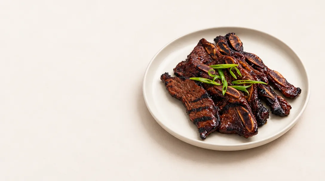 Glazed grilled short ribs with spring onions on a plate