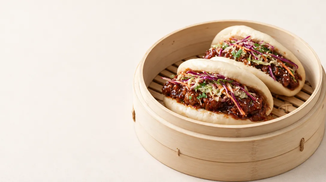 Two bao buns with glazed filling and slaw in a bamboo steamer